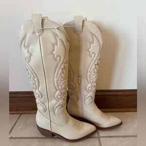 Altar'd State Ivory Heeled Boots with Embroidered Design